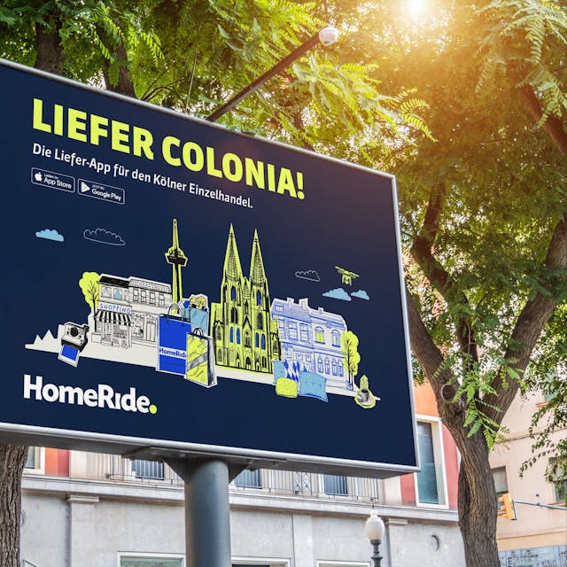 Plakat des Unternehmens Home-Ride mit der Aufschrift Liefer Colonia!