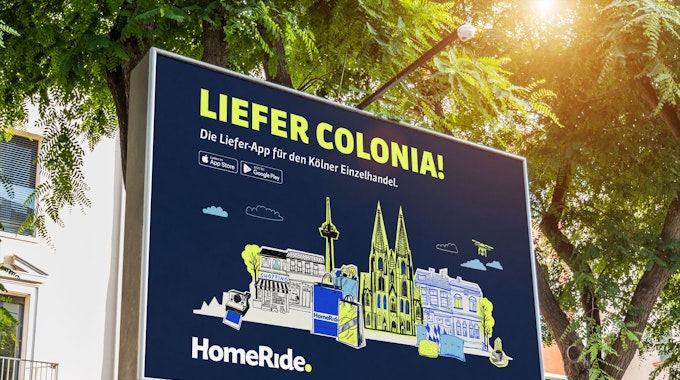 Plakat des Unternehmens Home-Ride mit der Aufschrift Liefer Colonia!