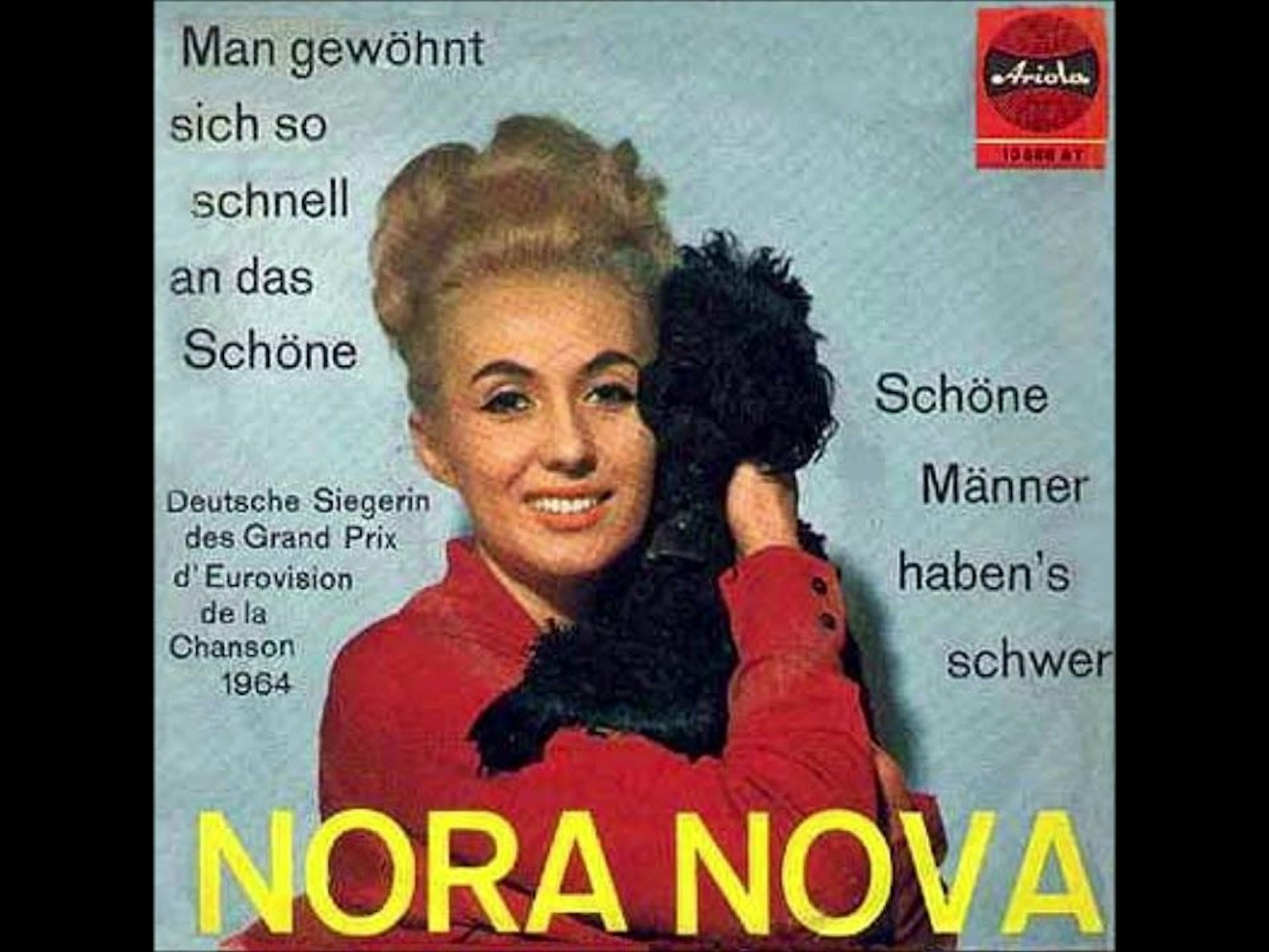 Nora Nova mit kleinem schwarzen Hund auf dem Plattencover von „Man gewöhnt sich so schnell an das Schöne“.