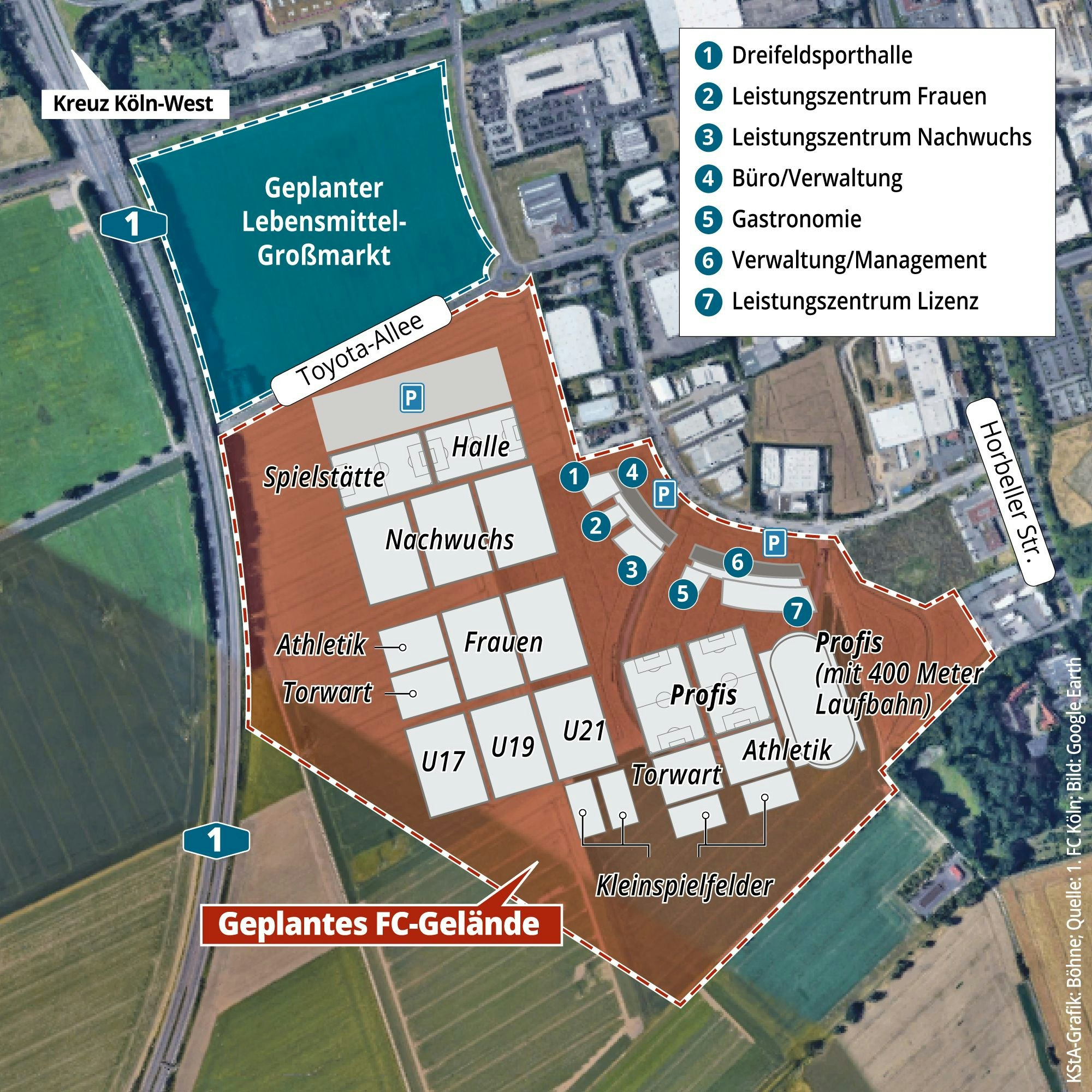 Die Grafik zeigt ein Satellitenbild von Marsdorf, darauf ist zu sehen, wie der Campus des 1. FC Köln mal aussehen könnte.