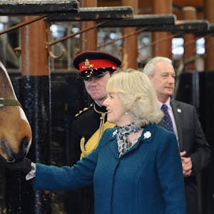 Camilla bei einem Besuch im Pferdestall. Sie streichelt ein Pferd. Ein Wachmann in Uniform schaut ihr dabei zu.