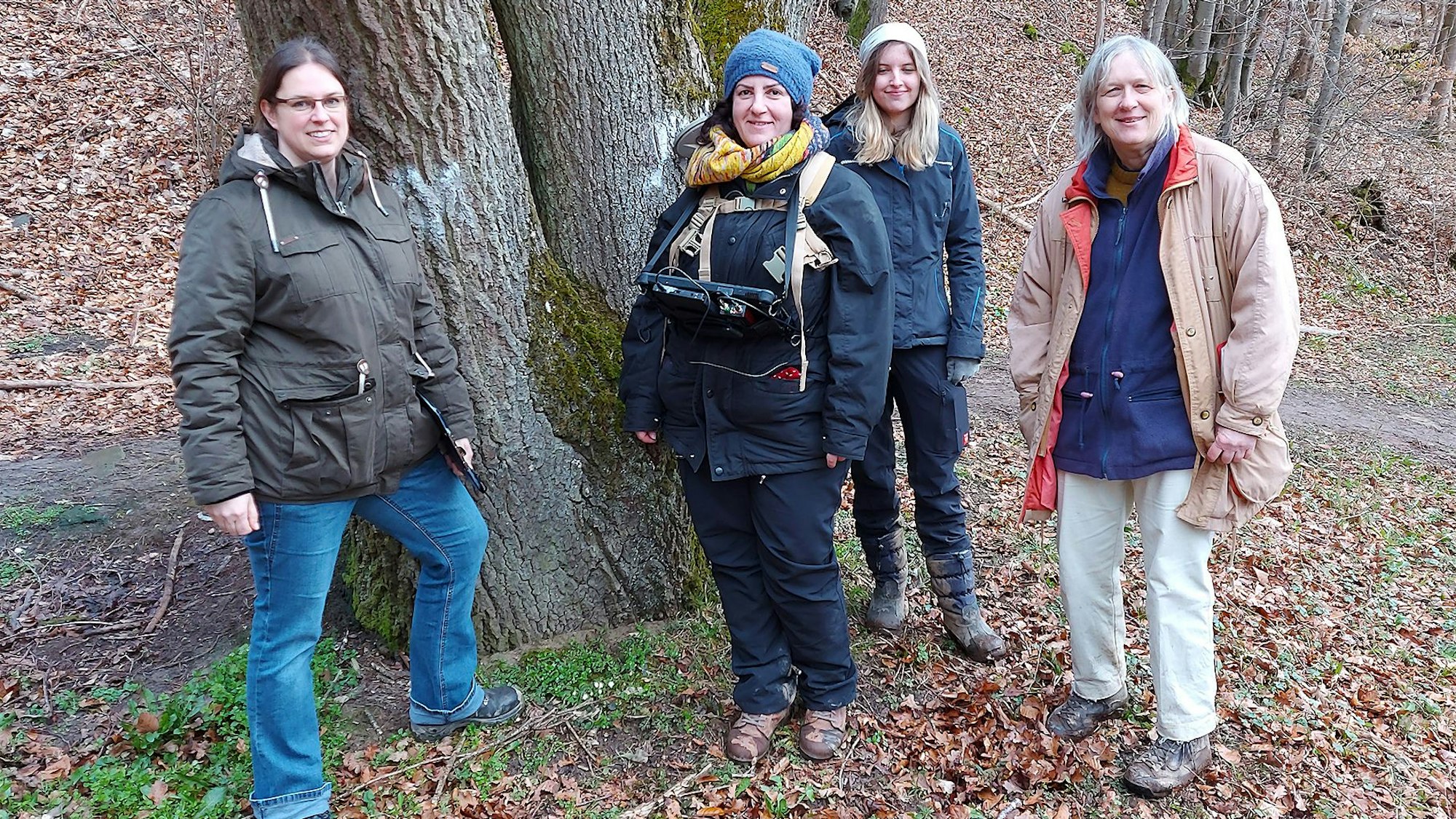 Vier Frauen sind im Wald unterwegs, um Bäume zu vermessen.