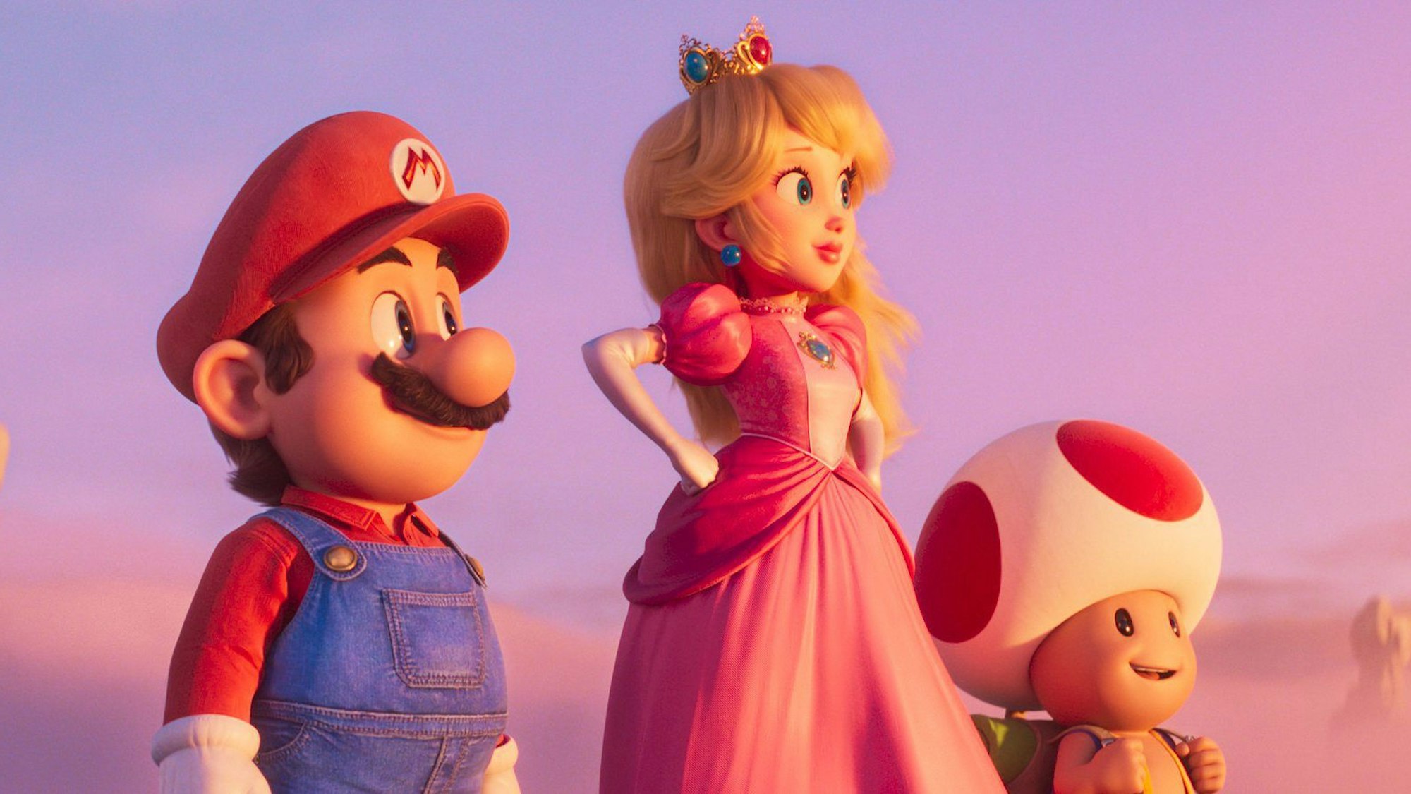 Mario, Peach und Toad stehen nebeneinander und blicken in die Ferne. Im Hintergrund sind rötliche Wolken zu sehen, der Himmel färbt sich mit dem Sonnenuntergang-