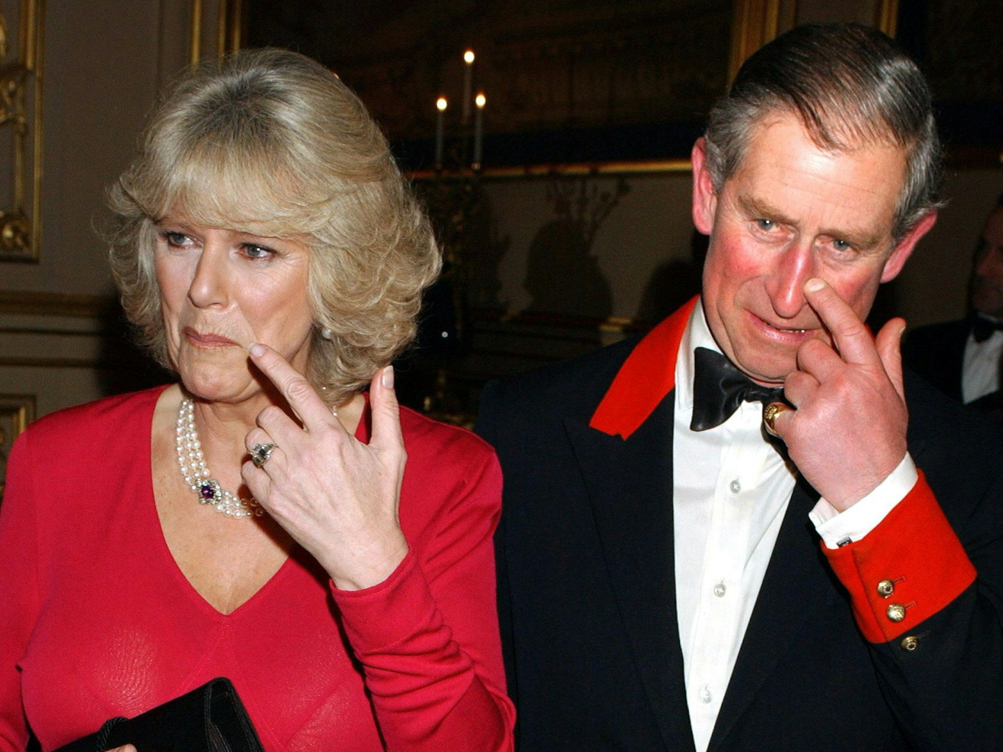 König Charles III. und Queen Camilla an ihrem Verlobungstag, dem 10. Februar 2005, auf Schloss Windsor.