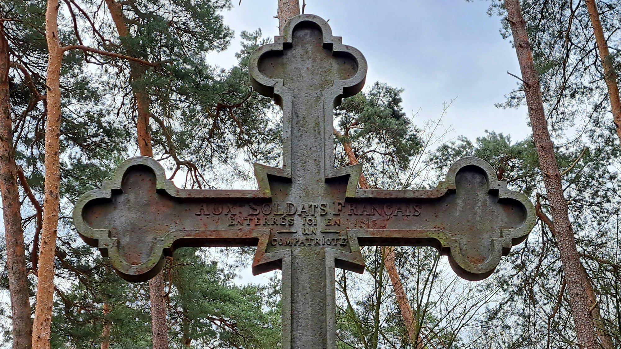 Ein Kreuz steht vor Kiefern, im Hintergrund in der Himmel zu sehen.