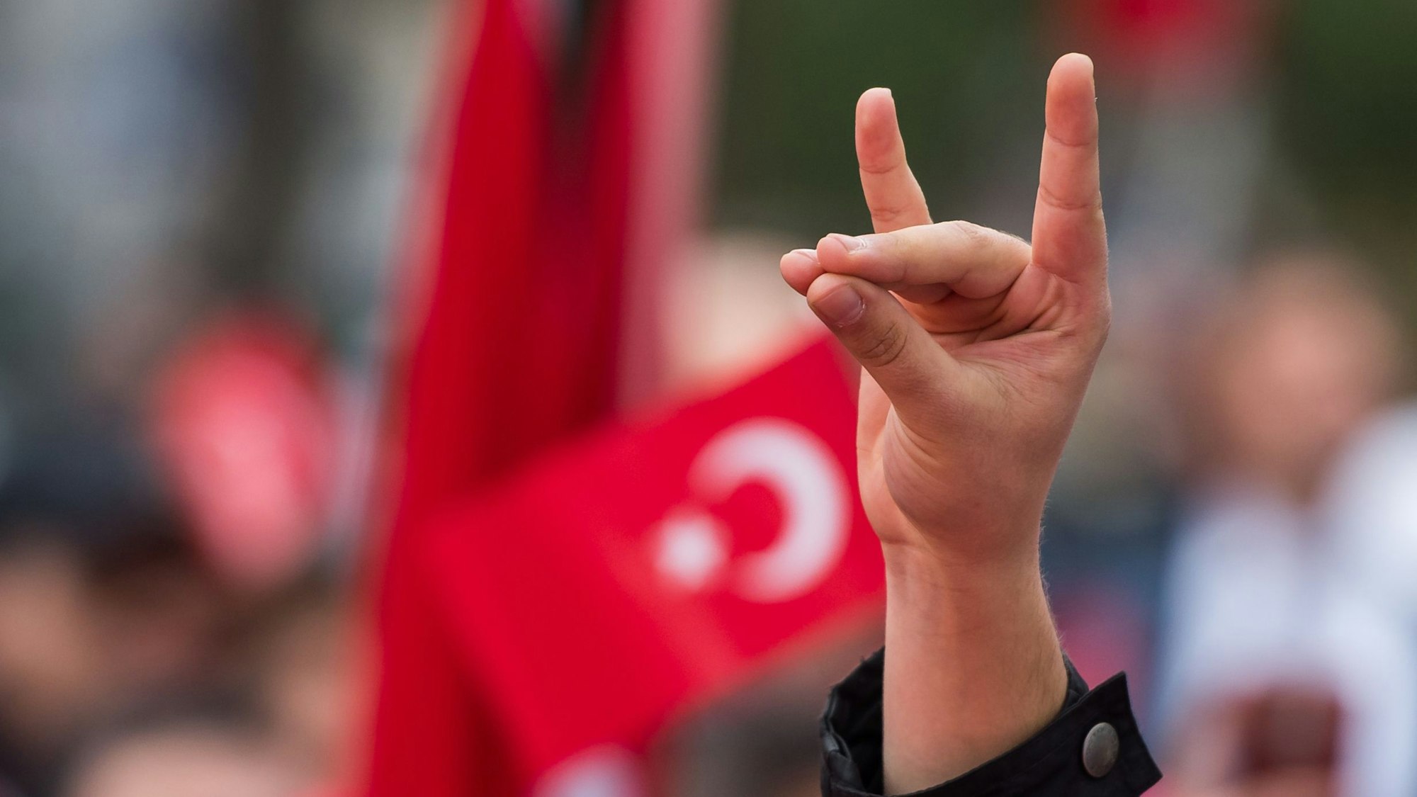 Eine Hand zeigt den „Wolfsgruß“ der Grauen Wölfe während einer Pro-Türkischen Demonstration. Graue Wölfe ist die Bezeichnung für die ultranationalistische Bewegung aus der Türkei.