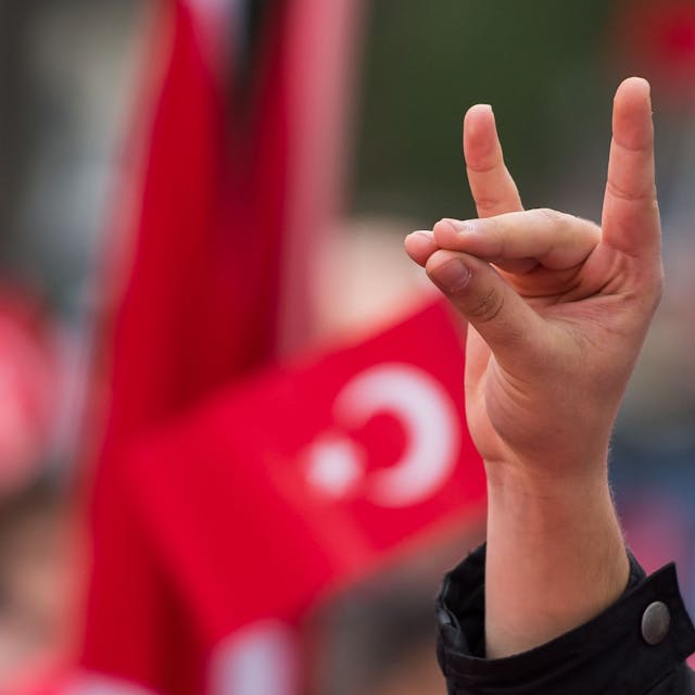 Eine Hand zeigt den „Wolfsgruß“ der Grauen Wölfe während einer Pro-Türkischen Demonstration. Graue Wölfe ist die Bezeichnung für die ultranationalistische Bewegung aus der Türkei.&nbsp;