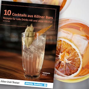 Im Hintergrund Cocktailgläser von oben, im Vordergrund das Rezeptheft im PDF-Format.