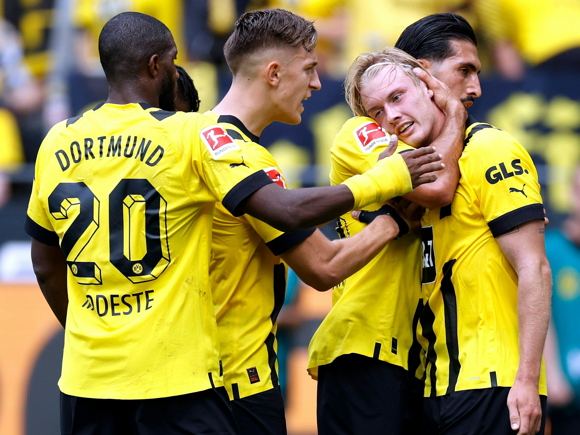 Die Profis von Borussia Dortmund jubeln gemeinsam.