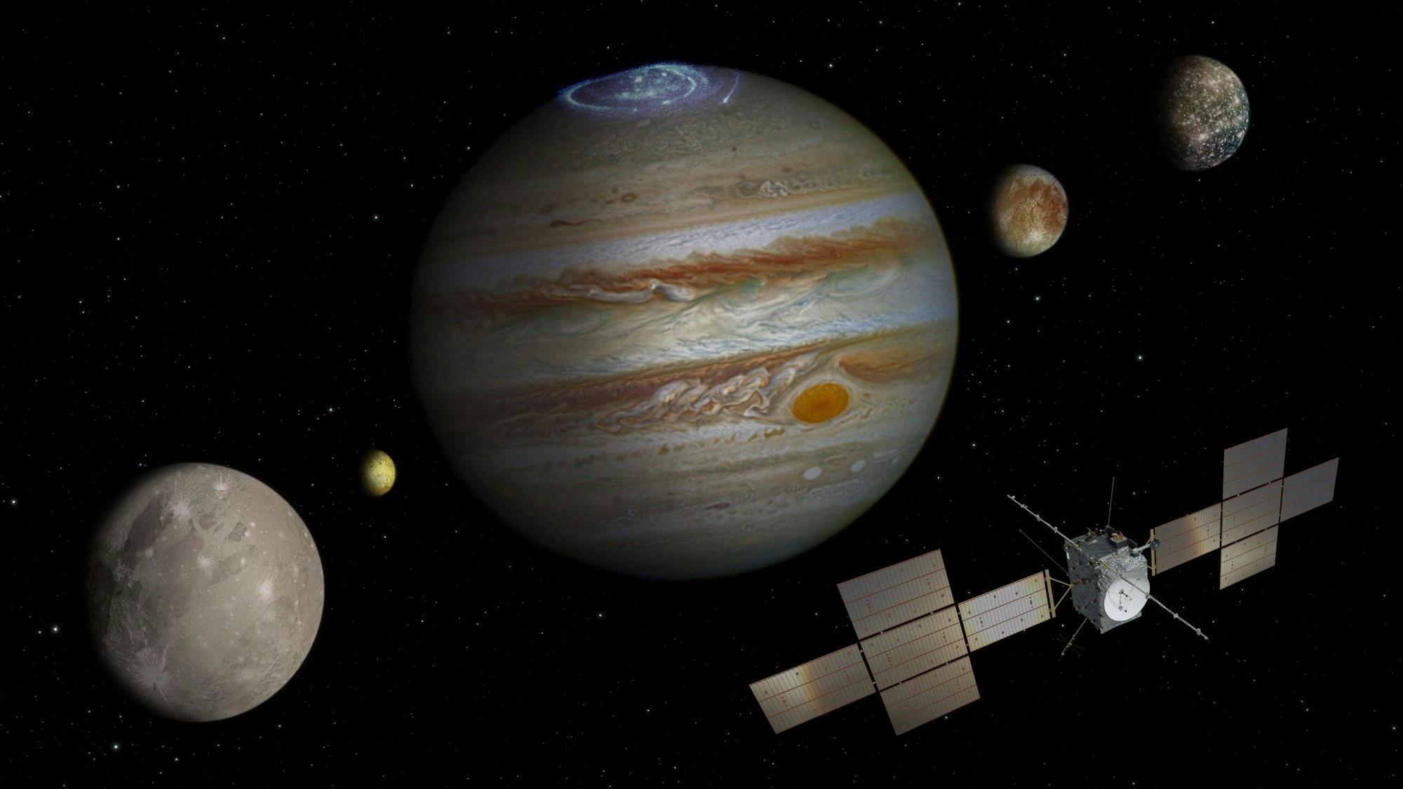 Eine Abbildung zeigt die Sonde „Juice“, den Jupiter und die Monde Ganymed (l-r), Io, Europa und Kallisto. Der Start der Sonde ist für den 13. April vom Weltraumbahnhof Kourou in Französisch Guayana geplant.