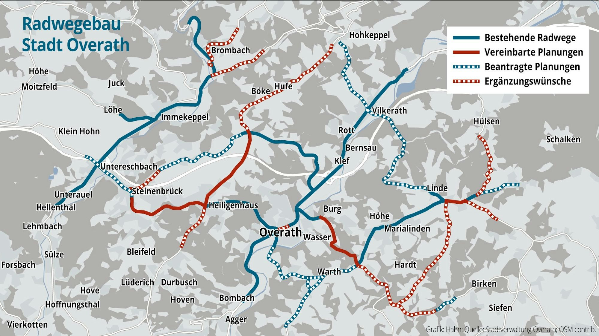 Verschiedene Linien zeigen die Planung der Radwege in Overath.