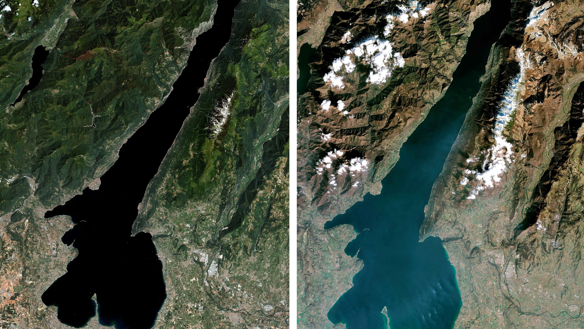 Der Gardasee im Juni 2022 und im März 2023: Vor allem in den Küstenbereichen ist die enorme Trockenheit deutlich zu erkennen. Auch das türkis-schimmernde Wasser deutet auf einen niedrigen Wasserstand hin.dpa