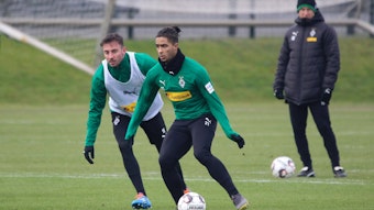 Keanan Bennetts (r.) gelang ebenso wie Josip Drmic, seinem ehemaligen Teamkollegen bei Borussia Mönchengladbach, der Gladbach-Durchbruch nicht. Das Foto zeigt die beiden Ex-Fohlen im Training am 13. Februar 2019.