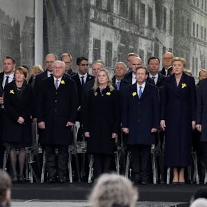 Front from right, Polish President Andrzej Duda, Agata Kornhauser-Duda, Israel's President Isaac Herzog, Michal Herzog, German President Frank-Walter Steinmeier and Elke Buedenbender attend a 'Warsaw Ghetto Uprising' commemoration reception in Warsaw, Poland, Wednesday, April 19, 2023. Presidents and Holocaust survivors and their descendants are marking the 80th anniversary of the Warsaw Ghetto Uprising. The anniversary honors the hundreds of young Jews who took up arms in Warsaw in 1943 against the overwhelming might of the Nazi German army. (AP Photo/Czarek Sokolowski)