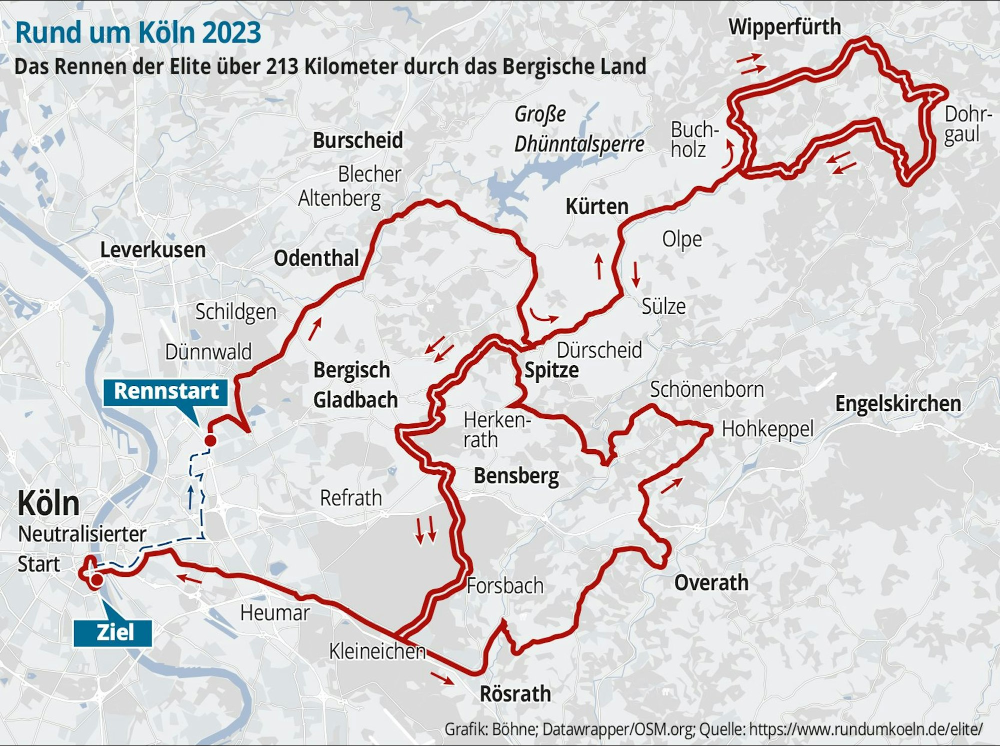 In eine Landkarte sind in unterschiedlichen Farben die Strecken der unterschiedlichen Fahrerfelder des Radklassikers „Rund um Köln“ eingezeichnet.