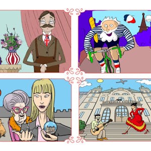 Gymglish Comic Bilder mit Figuren aus den verschiedenen Fremdsprachen Lektionen.