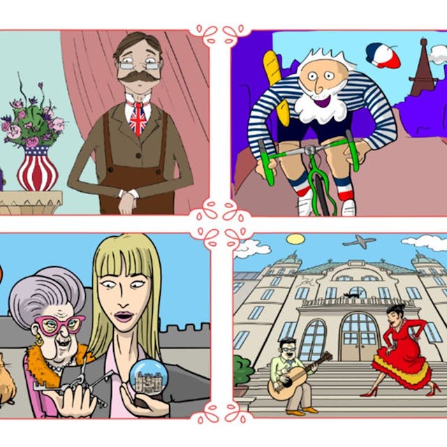 Gymglish Comic Bilder mit Figuren aus den verschiedenen Fremdsprachen Lektionen.