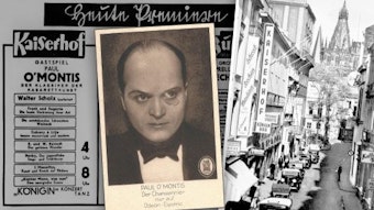 Die Collage zeigt eine Anzeige für die Kabarettfestspiele im Kaiserhof, eine Original-Autogrammkarte des Künstlers Paul O'Montis und eine Aufnahme der Salomonsgasse aus den 1930er Jahren