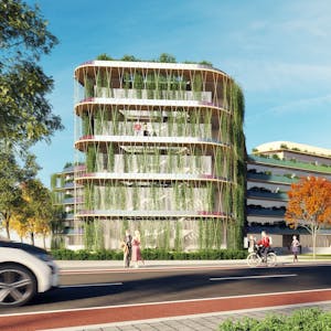 Ein modernes, grün bewachsenes Gebäude