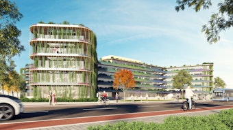 Ein modernes, grün bewachsenes Gebäude