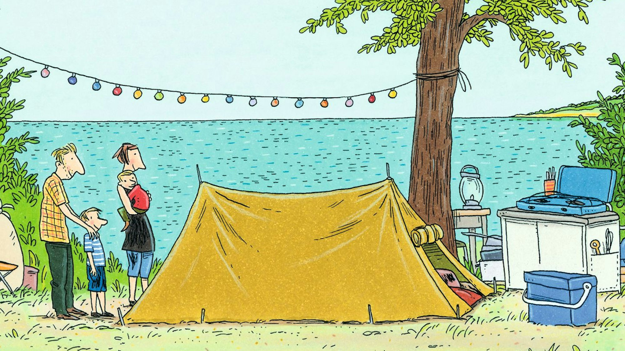 Das Bild zeigt das Buchcover, eine cartoonhafte Darstellung einer Familie beim Zelten am Meer.