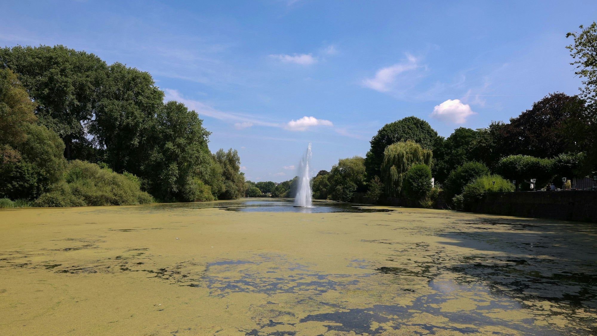 Ein Springbrunnen in einem See an der Kölner Groov