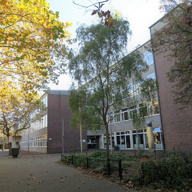 Ein Schulgebäude mit Bäumen von außen.