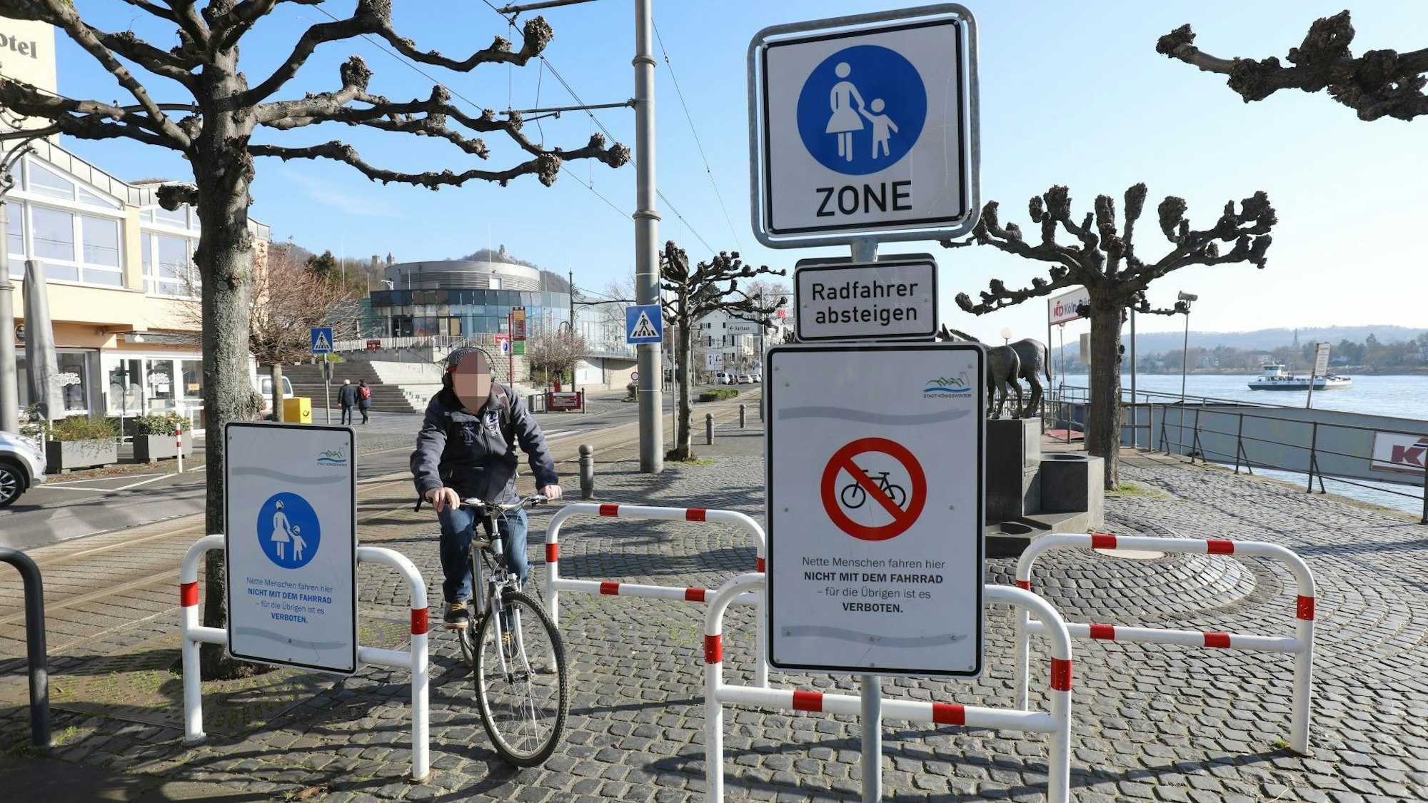In Königswinter fährt ein Radfahrer trotz versetzter Sperren und Fußgängerzonen-Ausschilderung über die Rheinpromenade.