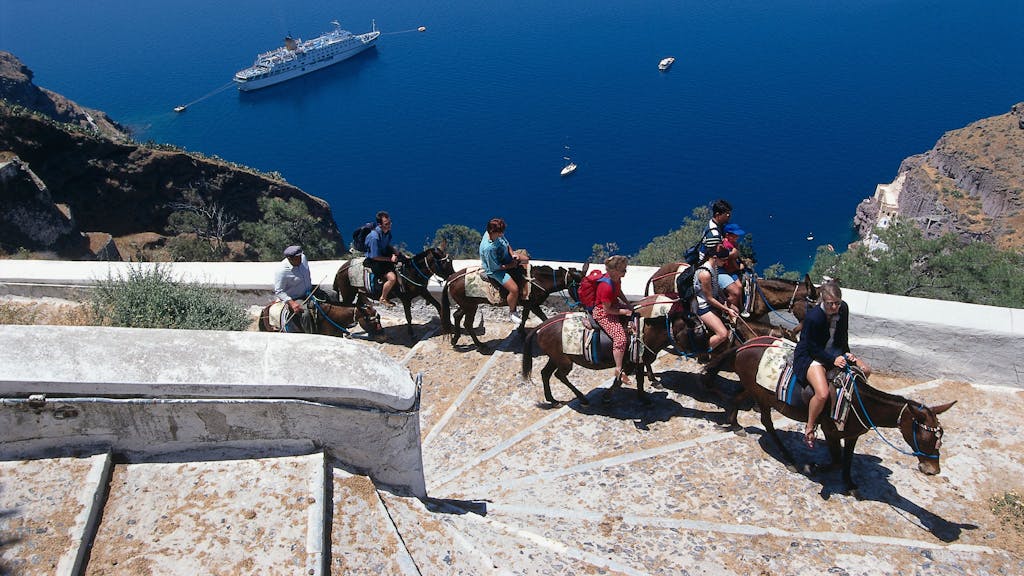 Hier zu sehen, eine Gruppe Touristen auf mehreren Eseln erklimmen einen Berg auf der Insel Santorin in Griechenland.
