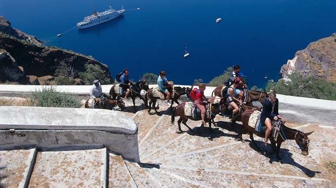 Hier zu sehen, eine Gruppe Touristen auf mehreren Eseln erklimmen einen Berg auf der Insel Santorin in Griechenland.