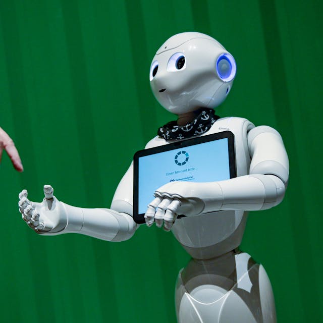 Ein Roboter interagiert mit einer Frau.&nbsp;