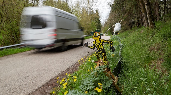 Eine „Lurchi“-Figur steht an der Straße nach Wahld, um die Autofahrer zu sensibilisieren.