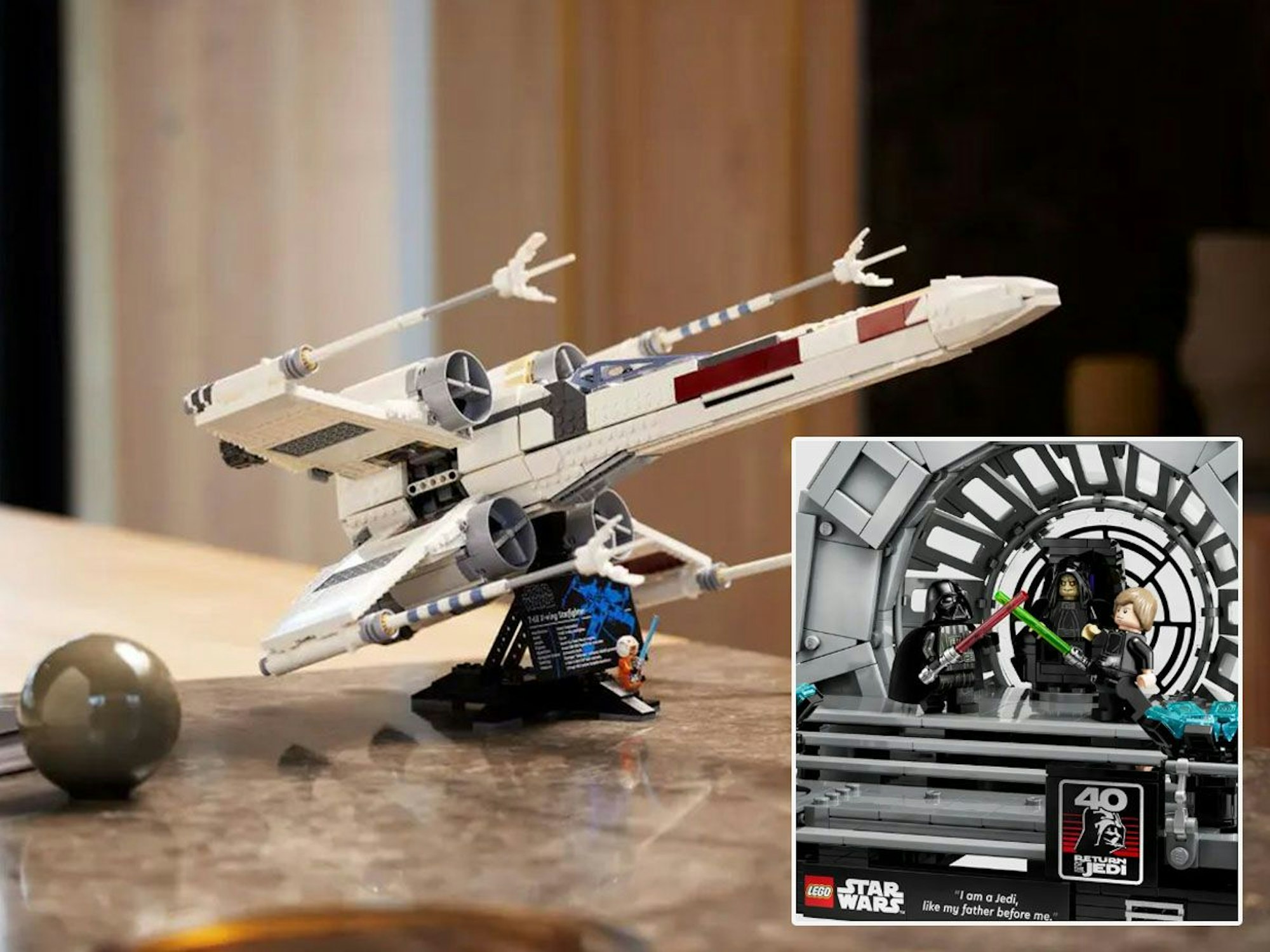 Die Lego Star Wars Neuheiten Lego X Wing Starfighter und Thronsaal des Imperators stehen auf dem Tisch.