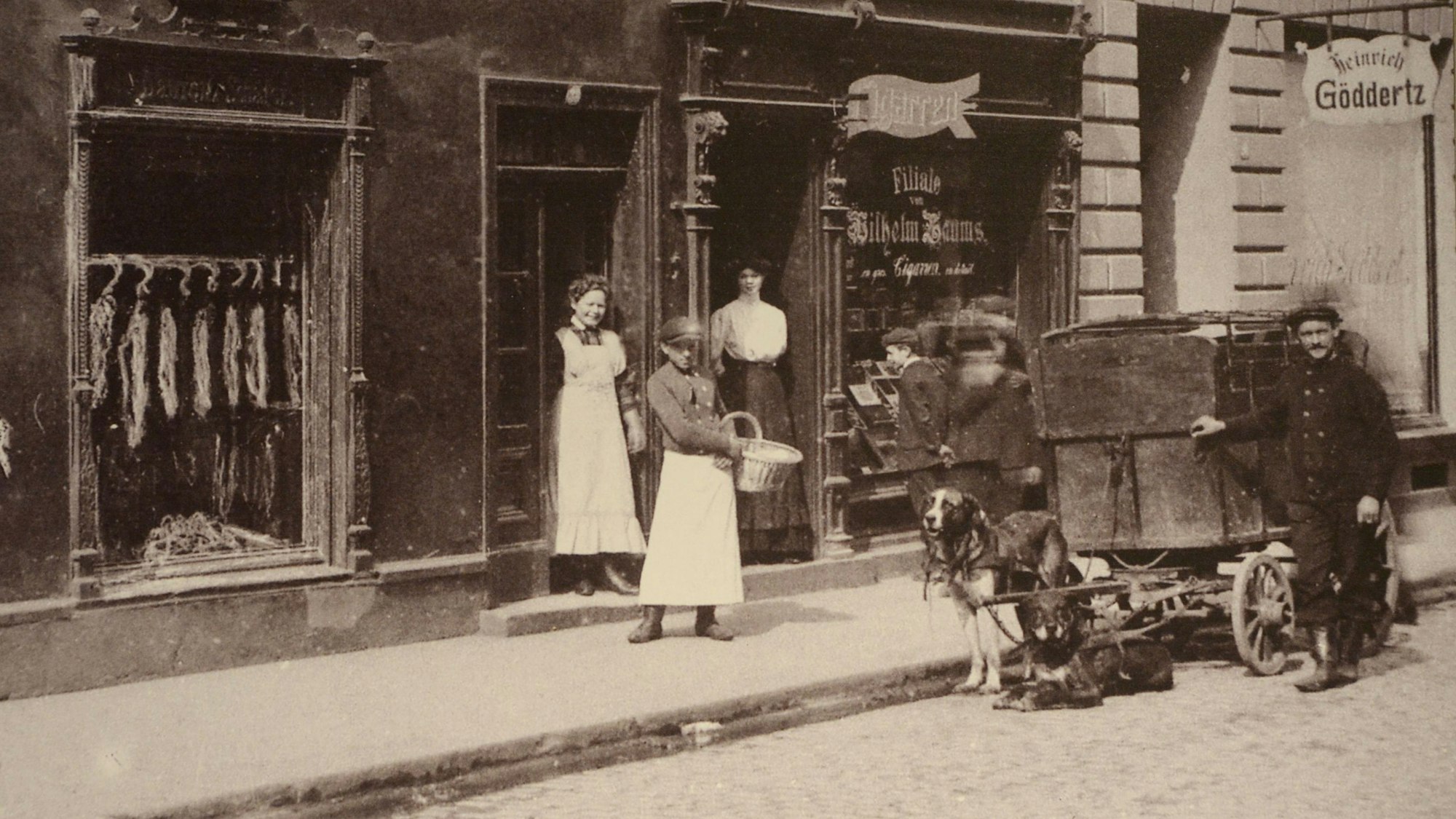 Hunde als Zugtiere einzusetzen war früher üblich. Das Bild entstand um 1900 an der Neustraße. Das Bild zeigt Hunde vor einem Karren.