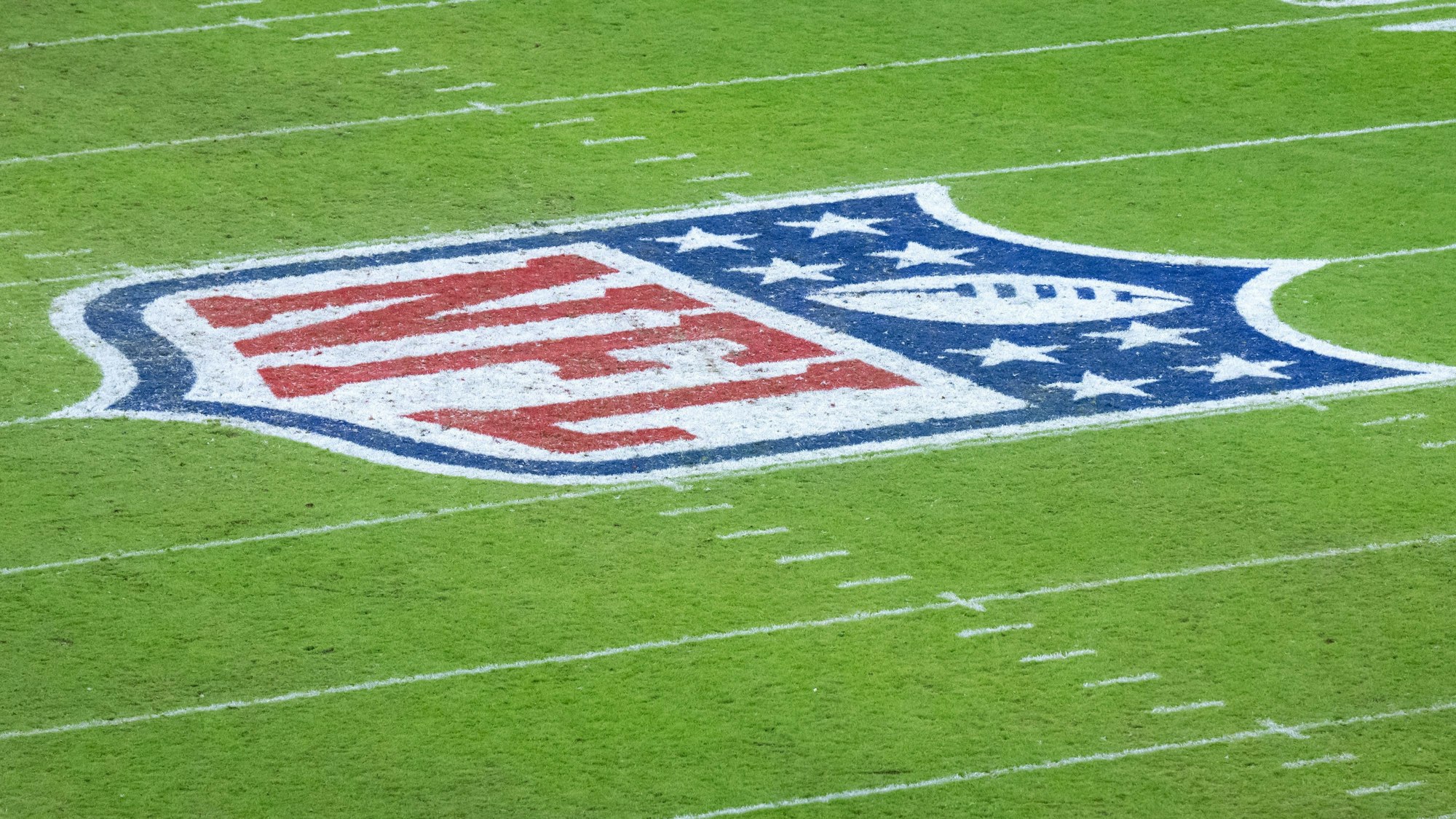 Das NFL-Logo auf dem Spielfeld in der Allianz-Arena.