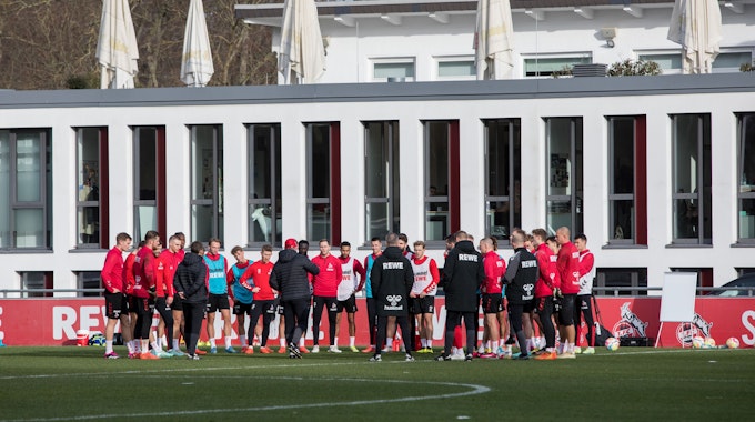 Spieler des 1. FC Köln stehen mit Trainerteam auf dem Trainingsplatz am Geißbockheim.