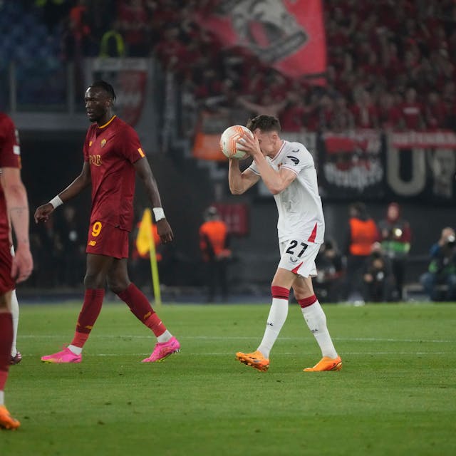 Leverkusen's Florian Wirtz, center, reacts during the Europa League semifinal first leg soccer match between Roma and Bayer 04 Leverkusen at Rome's Olympic stadium, Thursday, May 11, 2023. (AP Photo/Gregorio Borgia)