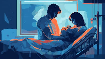 Grafik eines Vaters und einer Mutter, die in einem Krankenhausbett liegen und ein Neugeborenes halten.