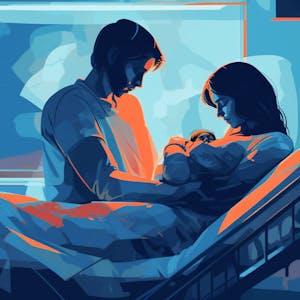 Grafik eines Vaters und einer Mutter, die in einem Krankenhausbett liegen und ein Neugeborenes halten.