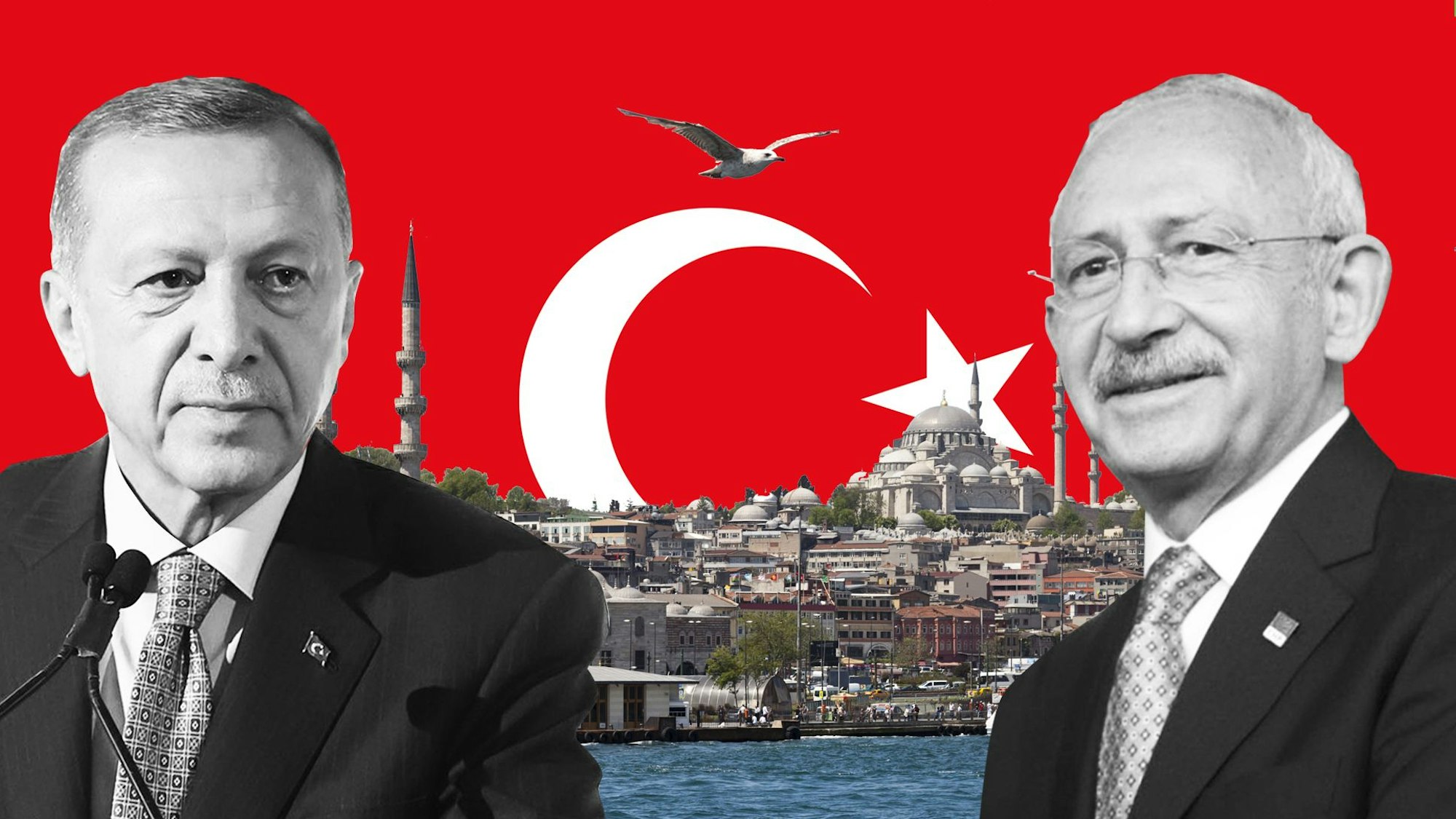 Der amtierende türkische Staatspräsident Erdoğan (l.) liegt in aktuellen Umfragen hinter seinem Herausforderer Kılıçdaroğlu. (Montage)