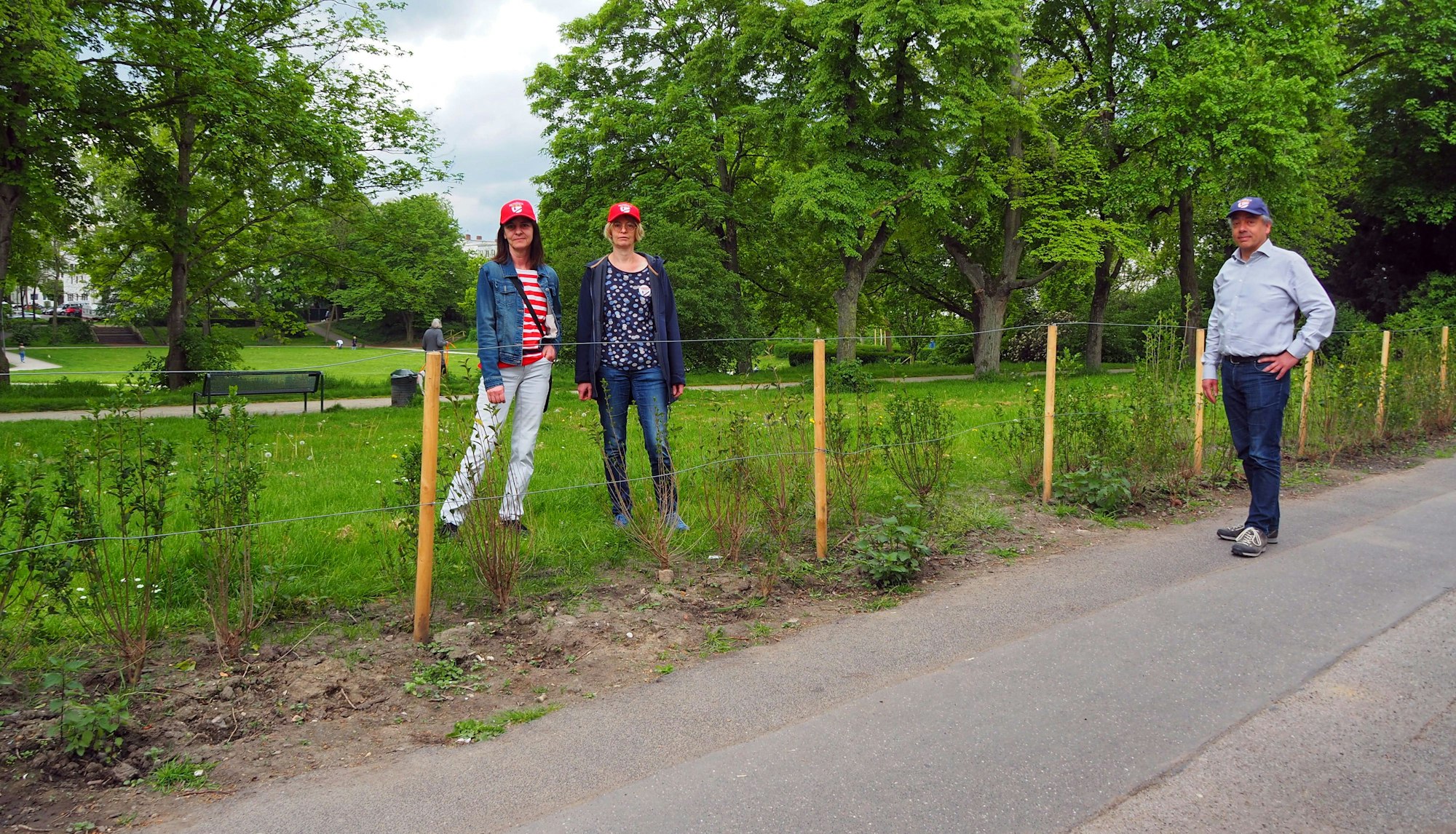 Zwei Frauen und ein Mann stehen bei einer frisch gepflanzten Hecke, in der deutliche Lücken zu sehen sind.