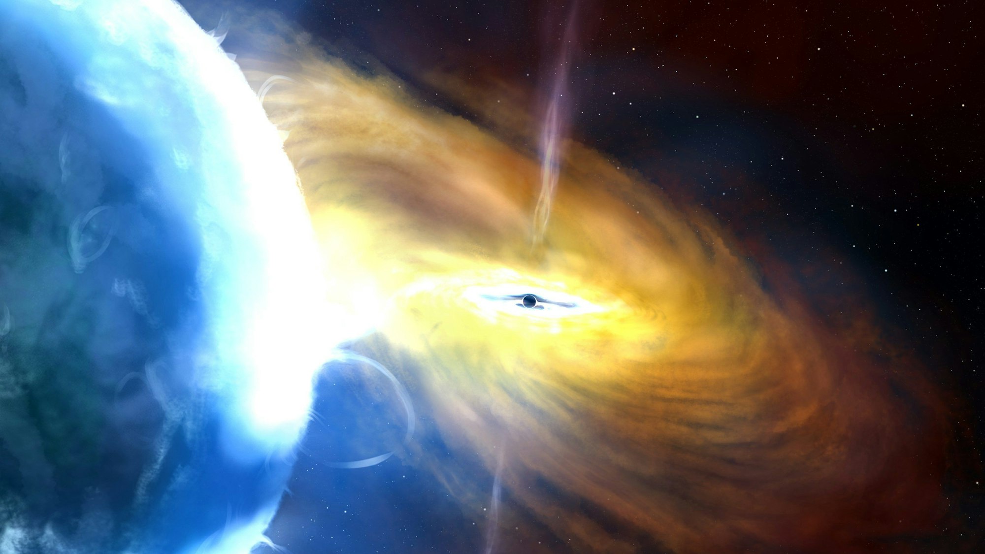 Eine künstlerische Darstellung der gravitationsbedingten Massenzunahme durch Aufsammeln von Materie eines Schwarzen Lochs.