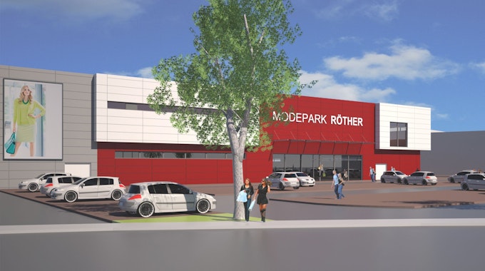Der geplante Modepark Röther ist als Zukunftsvision grafisch dargestellt. Parkplätze mit Autos, ein Baum und Menschen sind zu sehen.