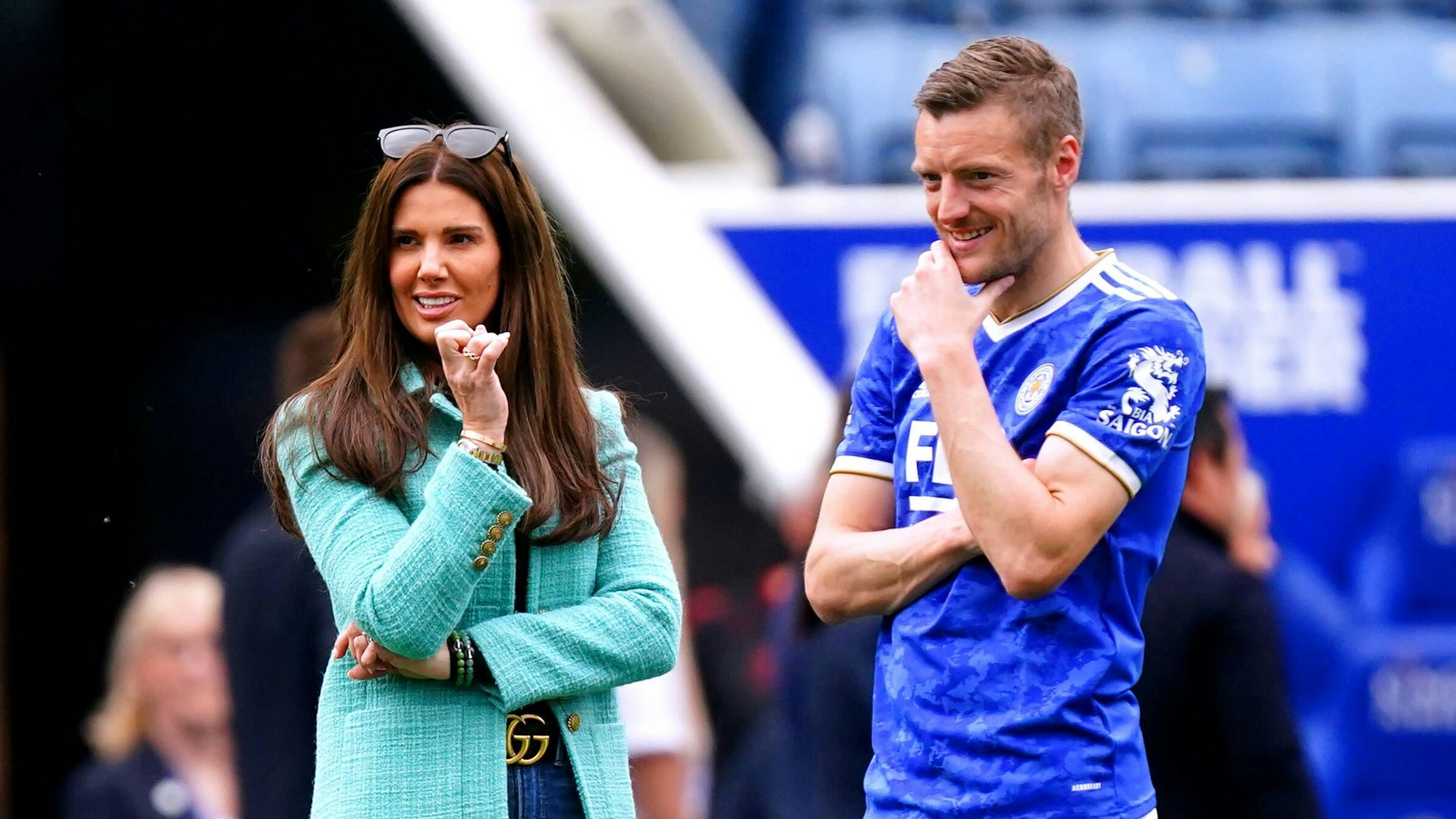 Jamie Vardy und seine Frau Rebekah Vardy nach dem Saisonabschluss von Leicester City.