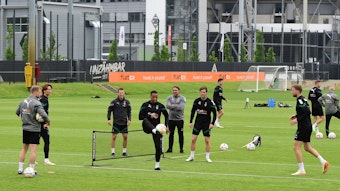 Das Team von Borussia Mönchengladbach, hier bei einer Trainingseinheit am 11. Mai 2023, bereiten sich in dieser Woche auf das Auswärtsspiel bei Bayer 04 Leverkusen vor.