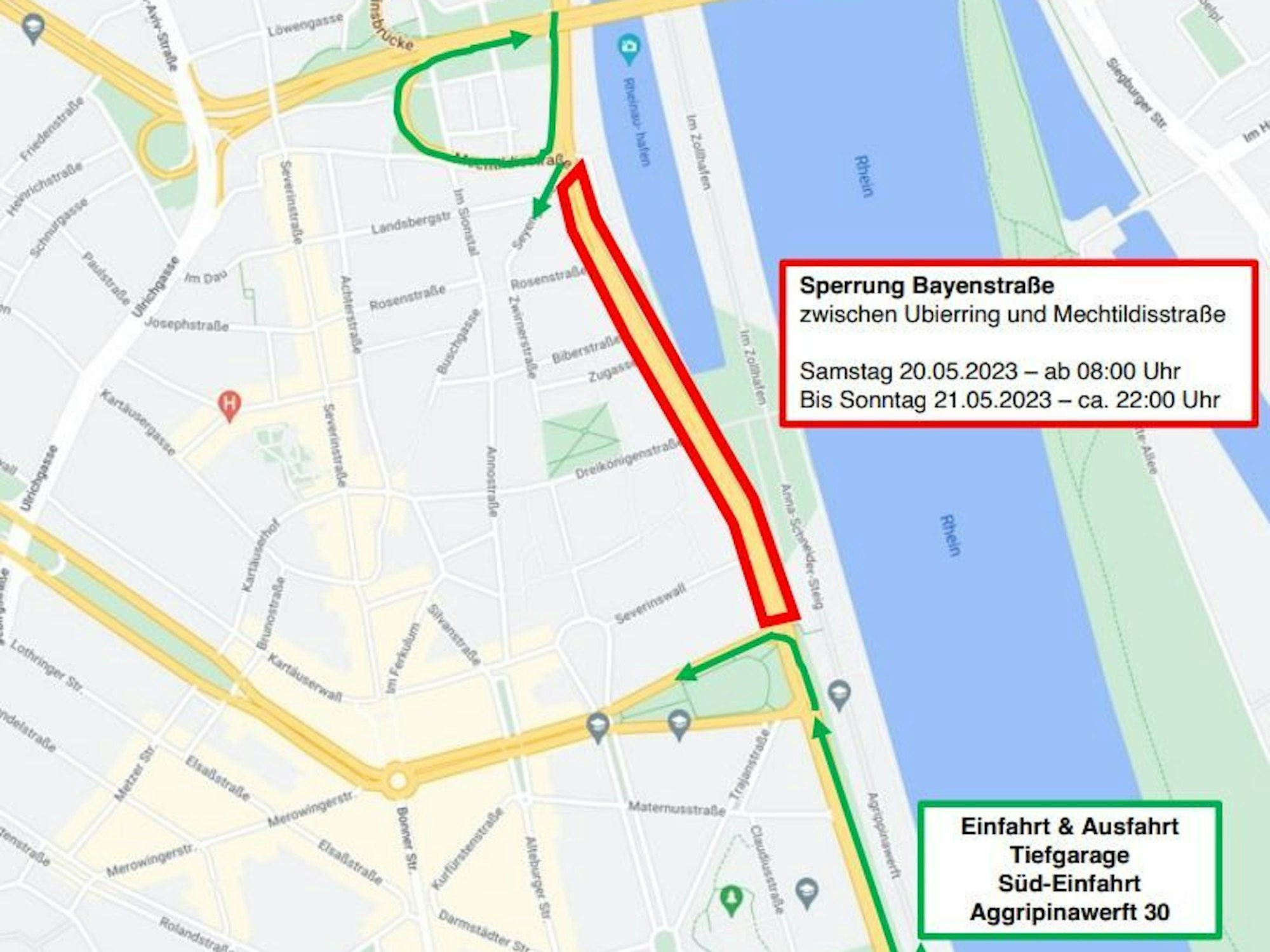 Rund um Köln 2023: Am Rheinauhafen wird die Bayenstraße zwischen Ubierring und Mechtildisstraße von Samstag, 8 Uhr bis Sonntag, 22 Uhr gesperrt sein.