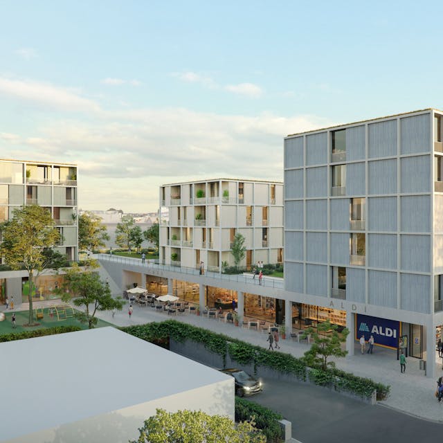 Entwurf für das Neubauprojekt von Aldi am Grünen Weg, mit einem Supermarkt, der in ein Wohnhaus gebaut wird.