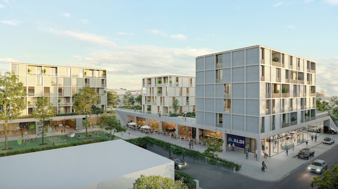 Entwurf für das Neubauprojekt von Aldi am Grünen Weg, mit einem Supermarkt, der in ein Wohnhaus gebaut wird.