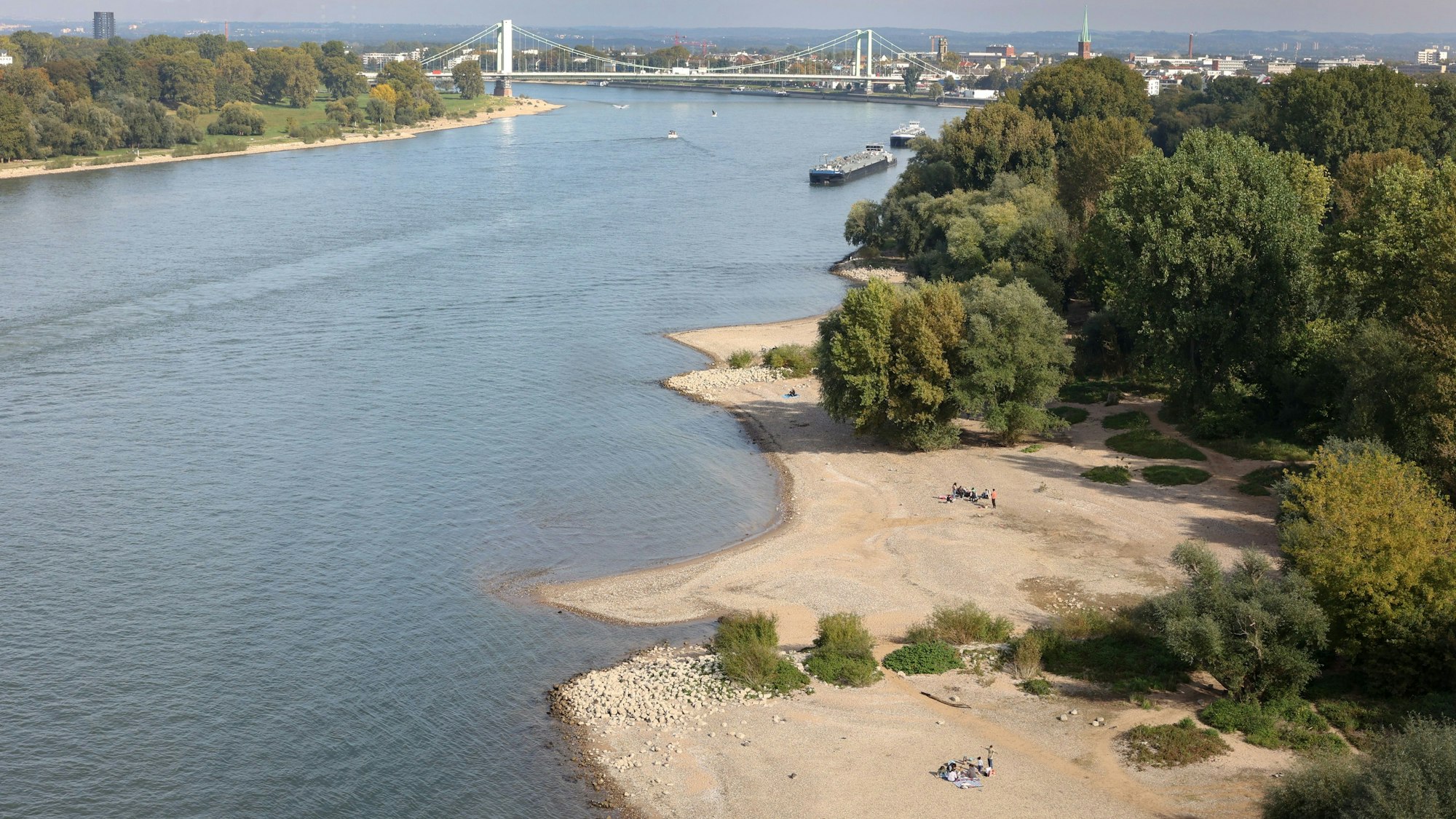 Das Rheinufer am Jugendpark von der Seilbahn aus fotografiert.
