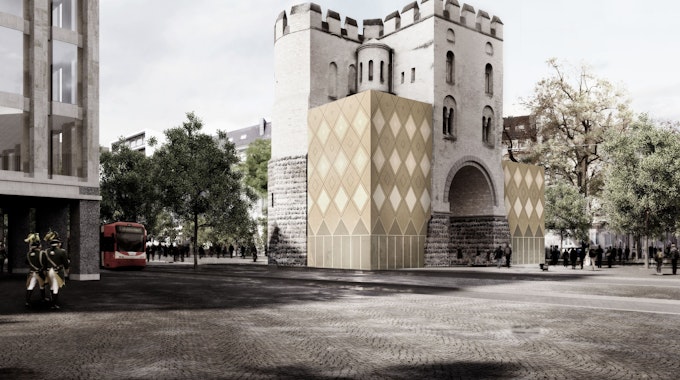 Die Visualisierung einer erweiterten Hahnentorburg am Kölner Rudolfplatz sieht zwei kastenförmige Anbauten unterschiedlicher Höhe vor, deren Äußeres durch geometrische Formen geprägt ist.&nbsp;